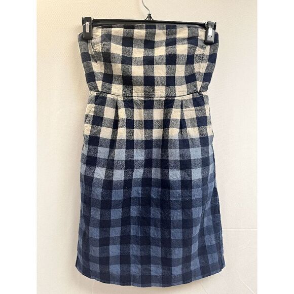 Gap Womens Blue Plaid Strapless Woven Zip Linen Cotton Lined Mini Dress Size 4 - Picture 1 of 7